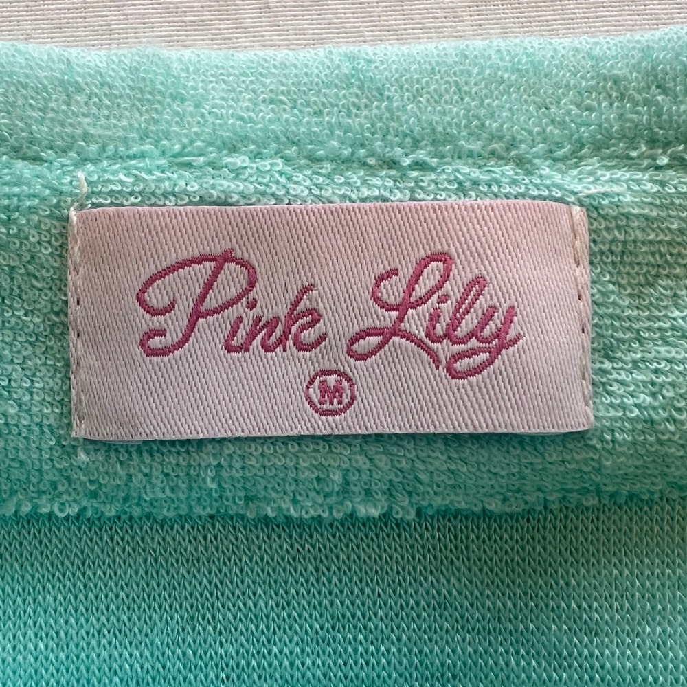Pink Lily Mint Green Terry Cloth Button Front Romper Swim Coverup Size M - Picture 2 of 7